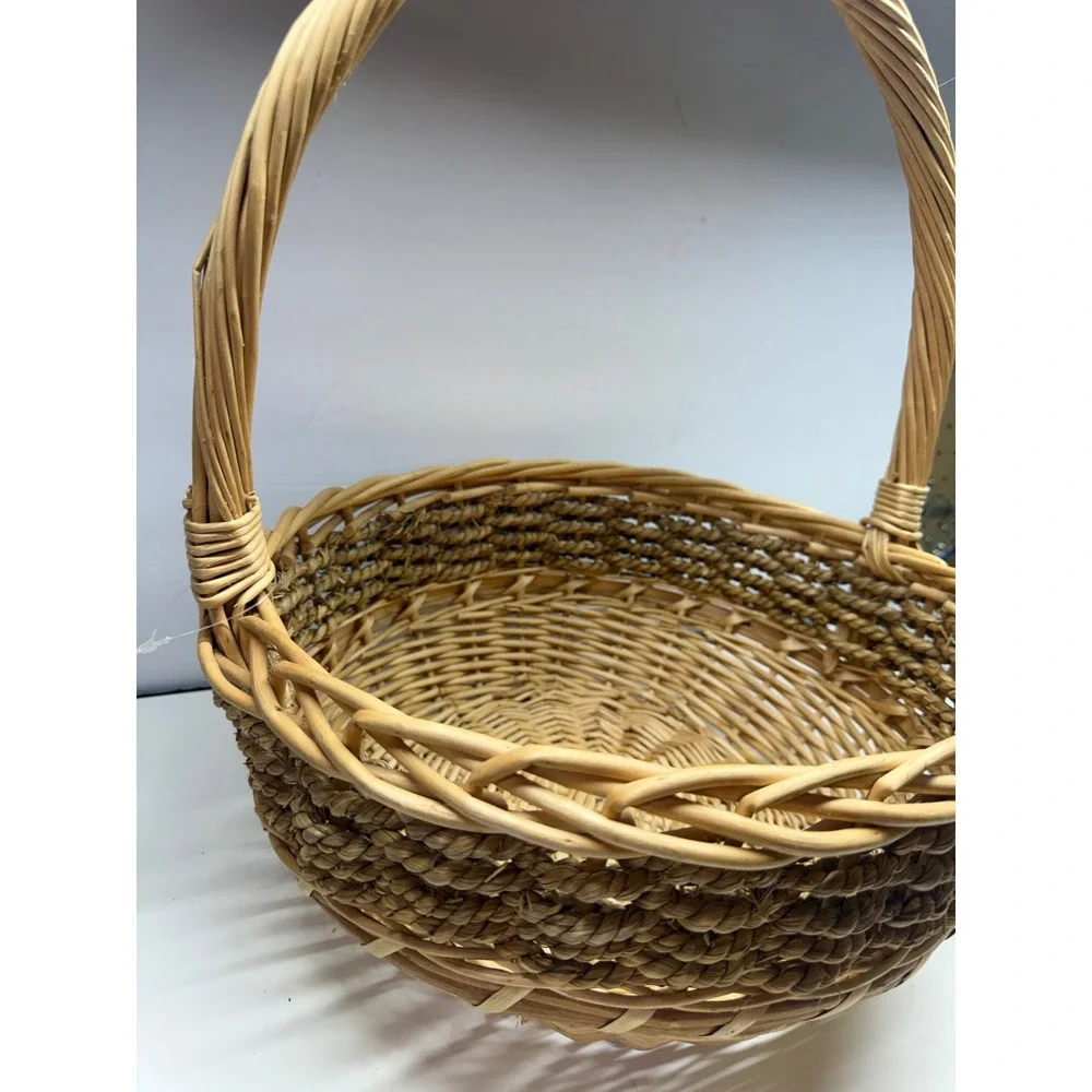 Natural Wicker Seagrass Round Basket with High Handle Farmhouse Decor 14.5in